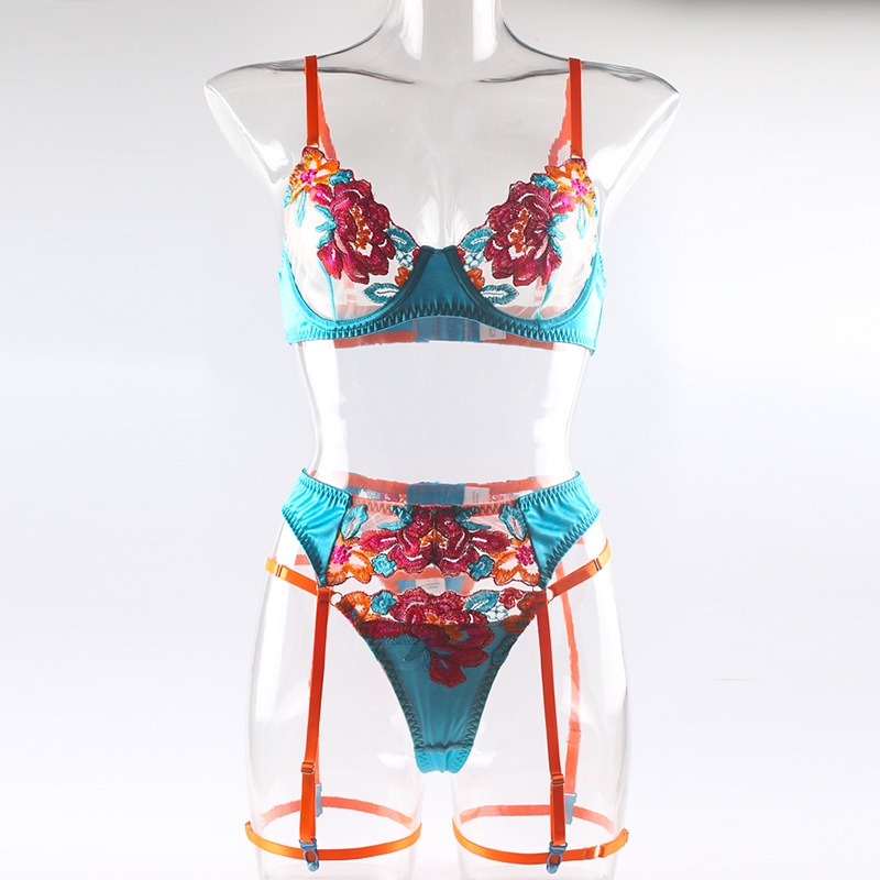 Helle Blume Im Europäischen Und Amerikanischen Stil Sexy Spitzenstickerei Hosenträger Strumpfband Bikini Dreiteiliger Transparenter Pyjama display picture 5