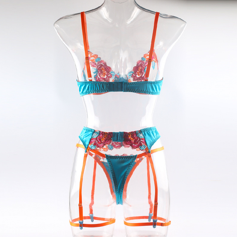 Bright Flower European And American Style Sexy Lace Embroidery Suspenders Garter Bikini Three-piece Transparent Pajamas display picture 6