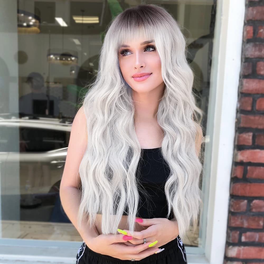 Perücken Europäische Und Amerikanische Damen Perücken Zweifarbige Bangs Qi Pony Langes Lockiges Haar Große Gewellte Kopf Bedeckung Chemiefaser-wigs-perücken display picture 1