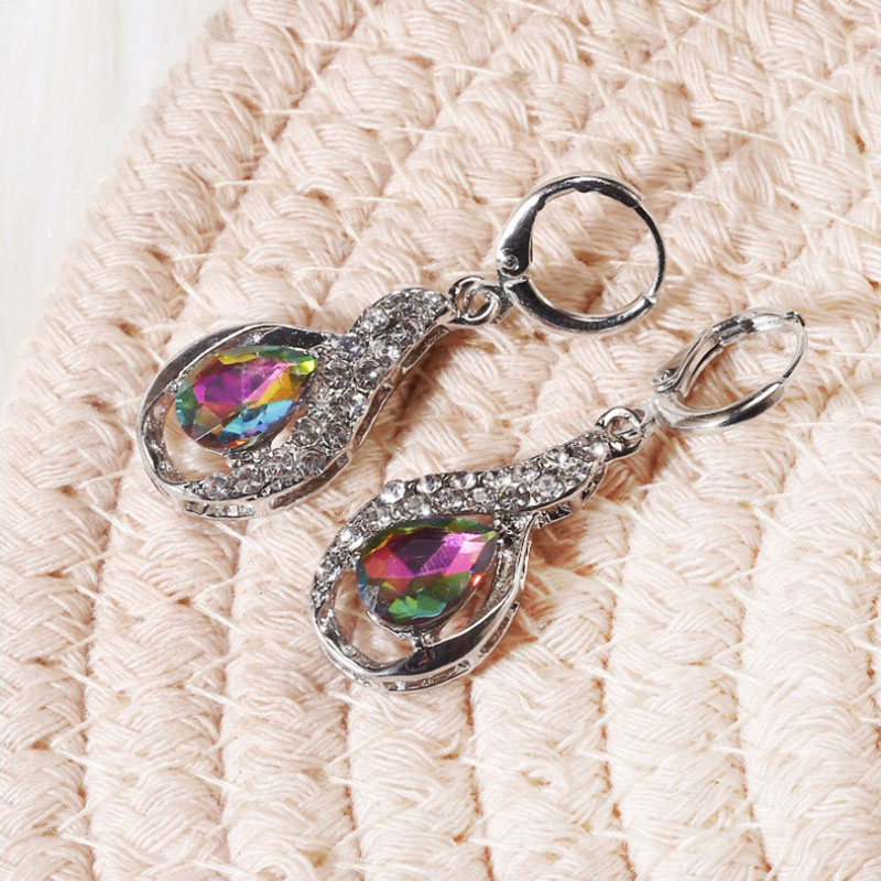 Foreign Trade  Colorful Topaz Rhinestone Earrings Female European And American Water Drop-shaped Earrings Ear Clip Ear Rings display picture 3