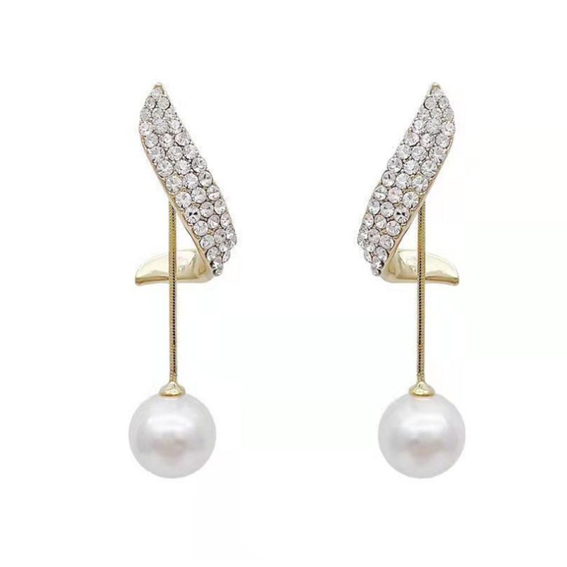 New Simple Graceful Full Diamond Twisted Ring Pearl Two-way Earrings L Tassel Earrings display picture 3