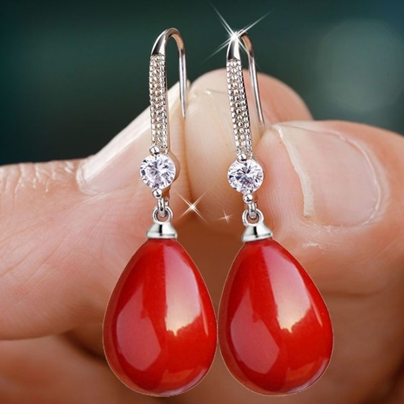 Cross-border Sold Jewelry     Oval Pearl Earrings Korean Long Red Bridal Earrings display picture 4