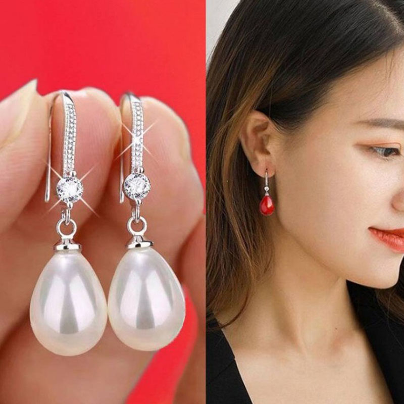 Cross-border Sold Jewelry     Oval Pearl Earrings Korean Long Red Bridal Earrings display picture 5