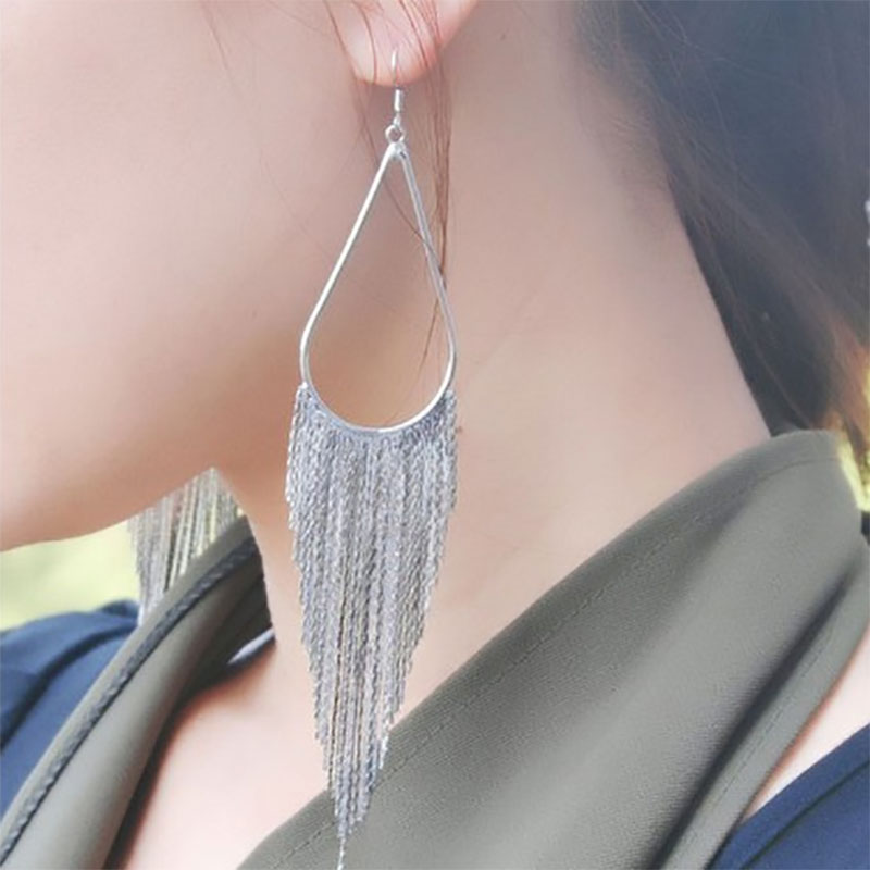 Hot Sale At  Exaggerated Long Metal Tassel Big Ear Stud European And American Foreign Trade All-match Trendy Nightclub Earrings Wholesale display picture 5