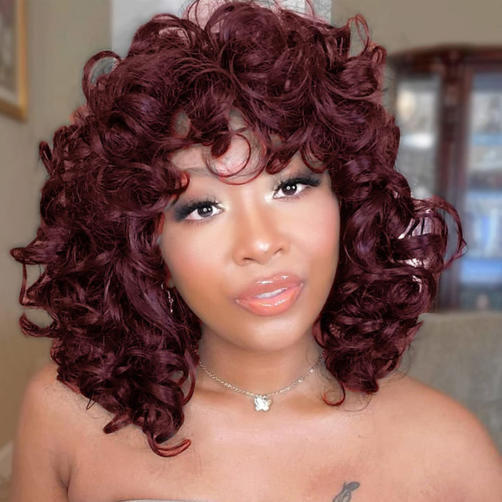 Women's Short Wine Red Small Roll High-temperature Fiber Chemical Fiber Wig Head Cover display picture 1