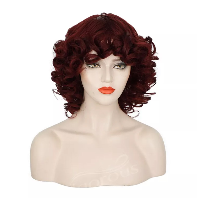 Women's Short Wine Red Small Roll High-temperature Fiber Chemical Fiber Wig Head Cover display picture 4