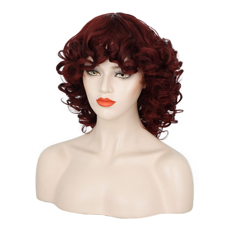 Women's Short Wine Red Small Roll High-temperature Fiber Chemical Fiber Wig Head Cover display picture 5