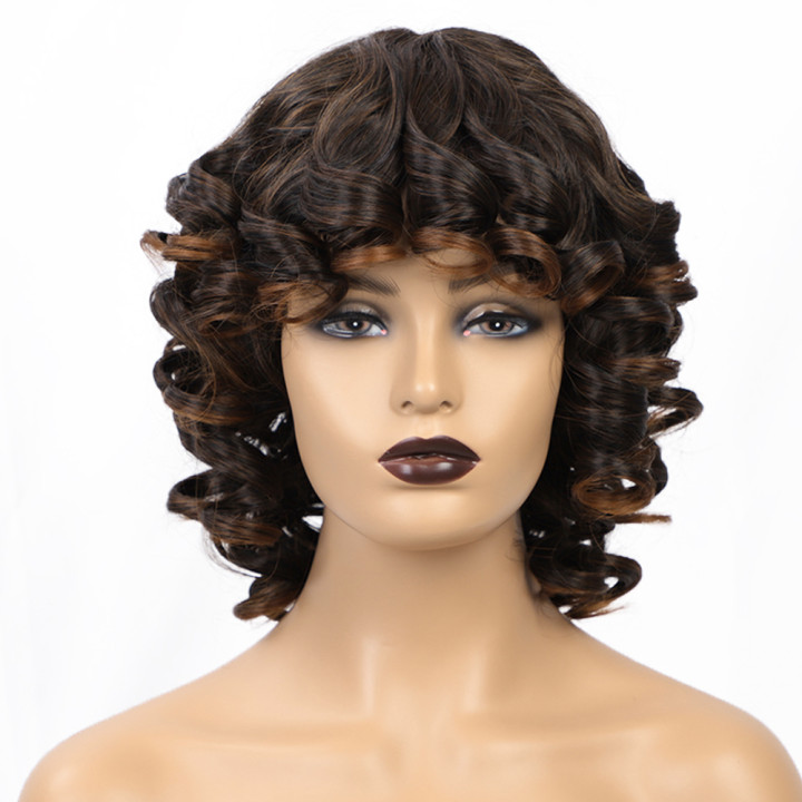 Women's Short Brown Curly Hair High-temperature Fiber Chemical Fiber Wig Head Cover display picture 2