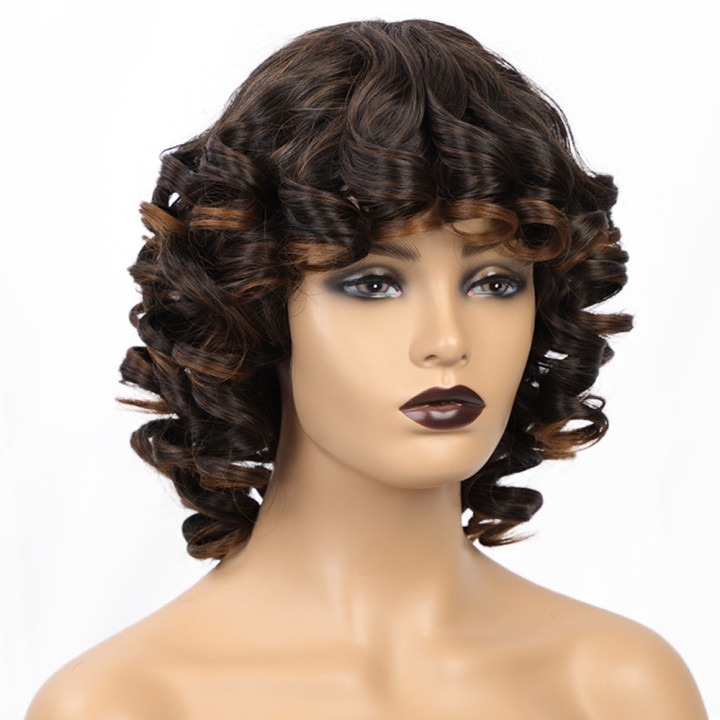 Women's Short Brown Curly Hair High-temperature Fiber Chemical Fiber Wig Head Cover display picture 4