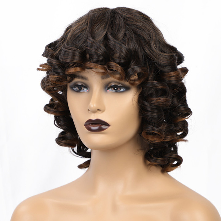 Women's Short Brown Curly Hair High-temperature Fiber Chemical Fiber Wig Head Cover display picture 5