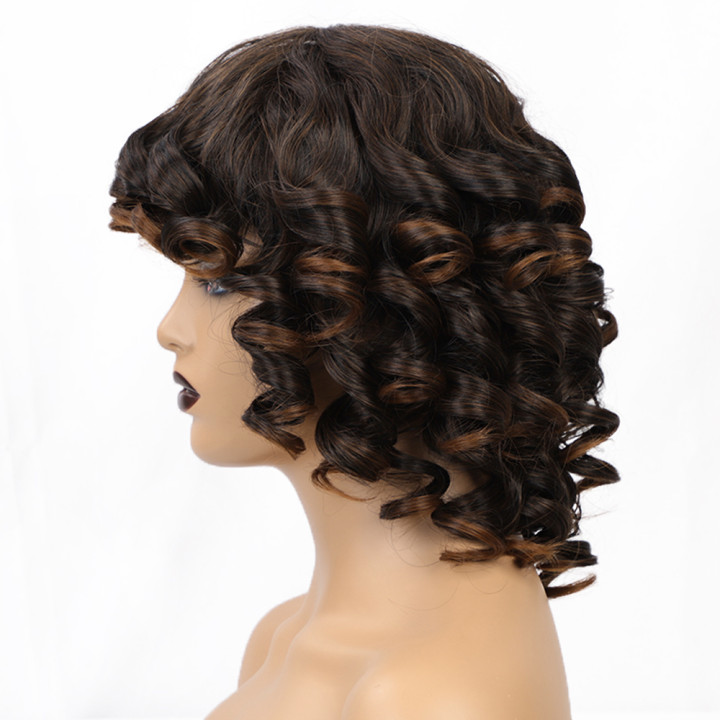 Women's Short Brown Curly Hair High-temperature Fiber Chemical Fiber Wig Head Cover display picture 7