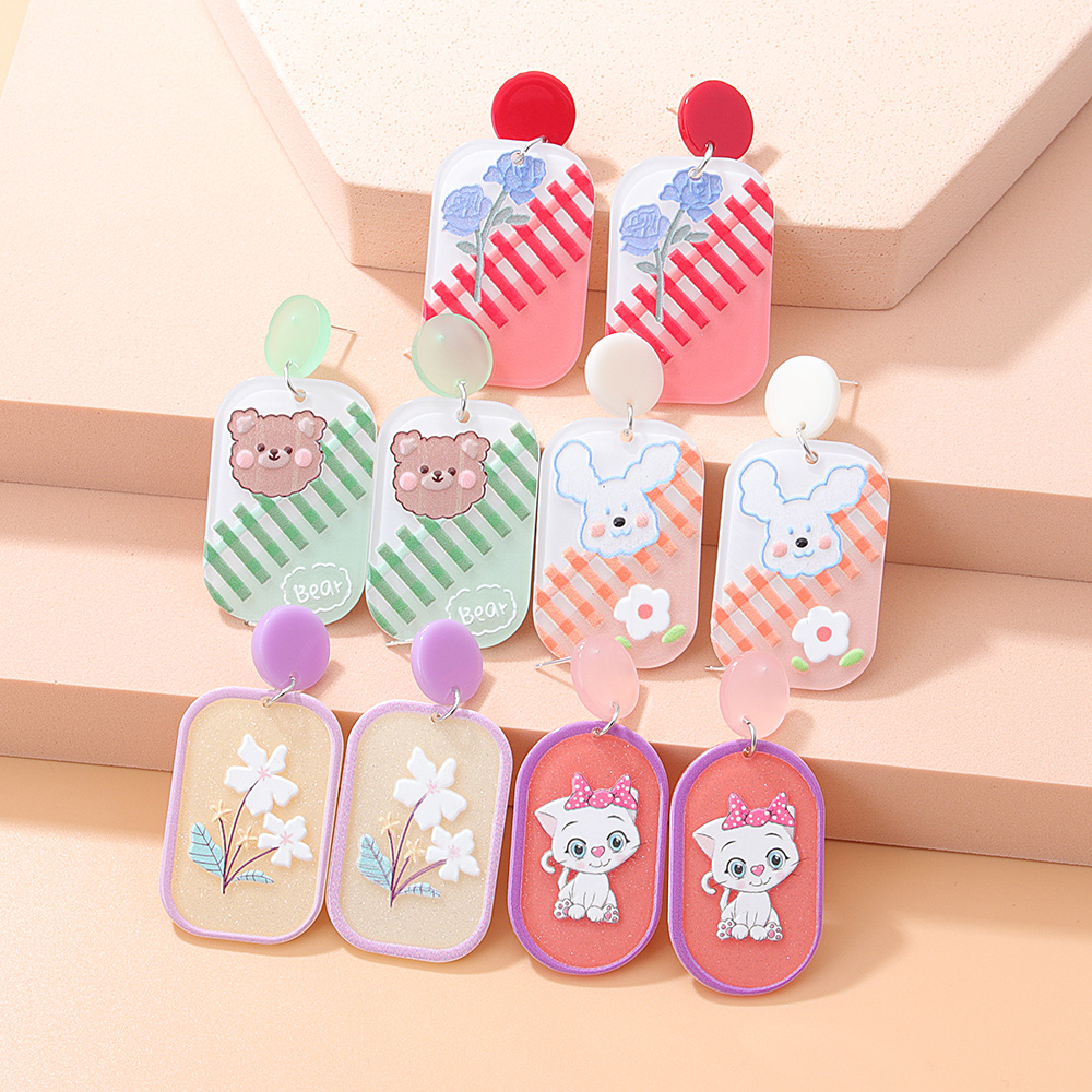 Fashion New Contrast Color Three-dimensional Embossed Bear Rabbit Sweet Cute Cartoon Acrylic Earrings display picture 1