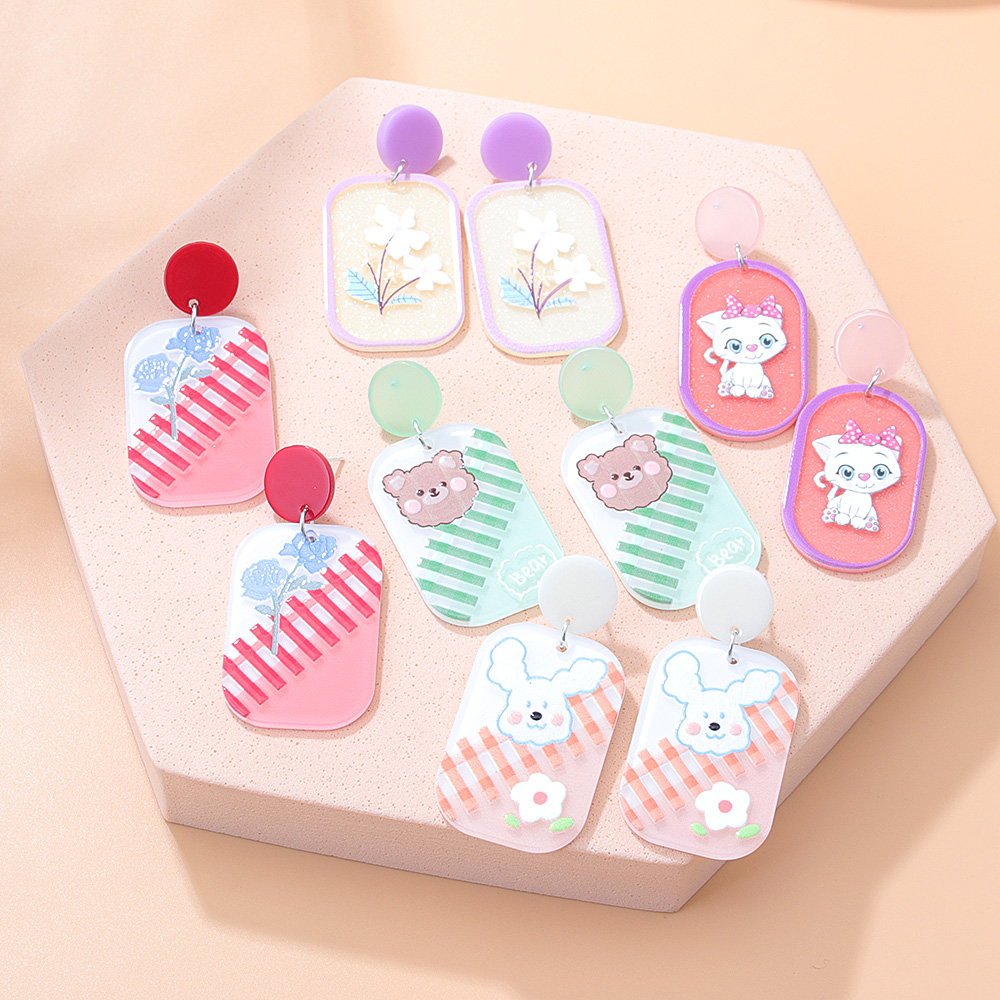 Fashion New Contrast Color Three-dimensional Embossed Bear Rabbit Sweet Cute Cartoon Acrylic Earrings display picture 2