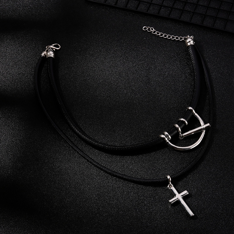 Fashion Leather Silver Color Tokyo Cross Alloy Double Layer Necklace display picture 2