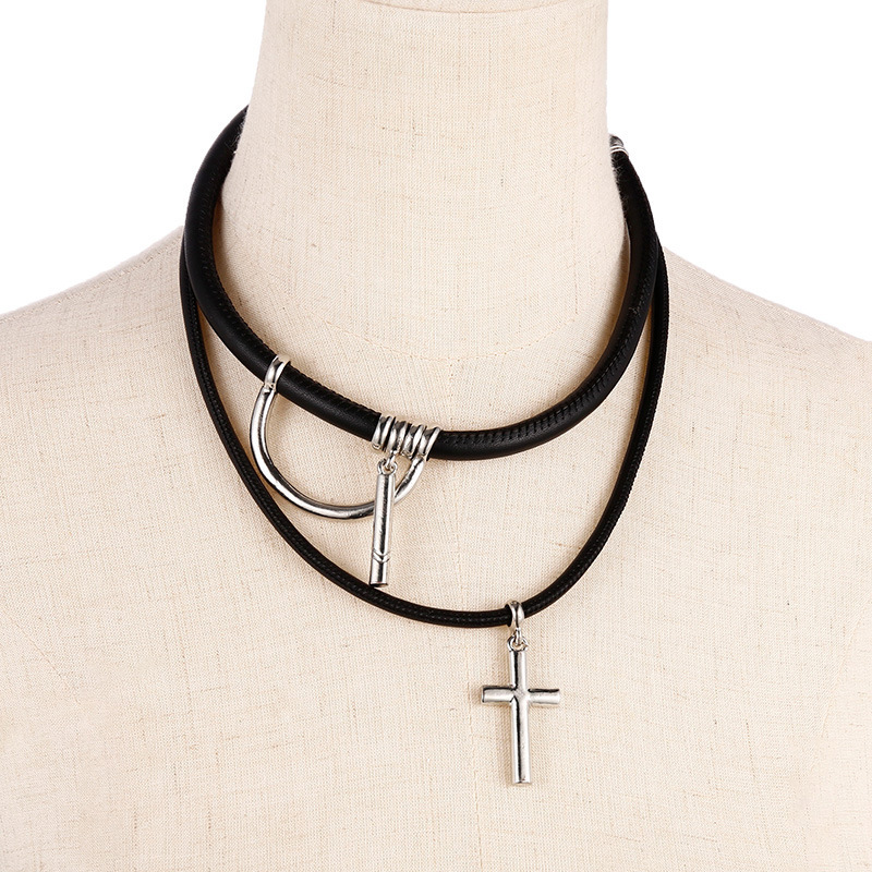 Fashion Leather Silver Color Tokyo Cross Alloy Double Layer Necklace display picture 3