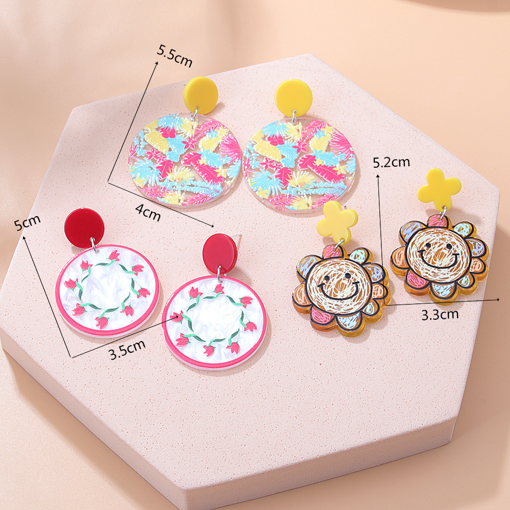 Fashion New Cute Printed Sun Smiley Face Contrast Color Flower Acrylic Earrings display picture 2