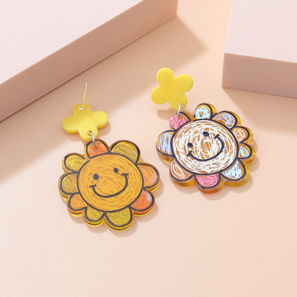 Fashion New Cute Printed Sun Smiley Face Contrast Color Flower Acrylic Earrings display picture 4