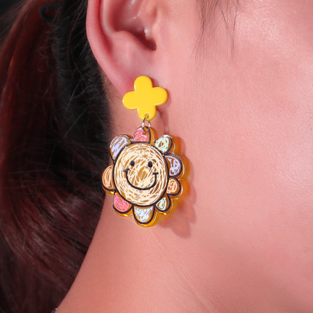 Fashion New Cute Printed Sun Smiley Face Contrast Color Flower Acrylic Earrings display picture 5