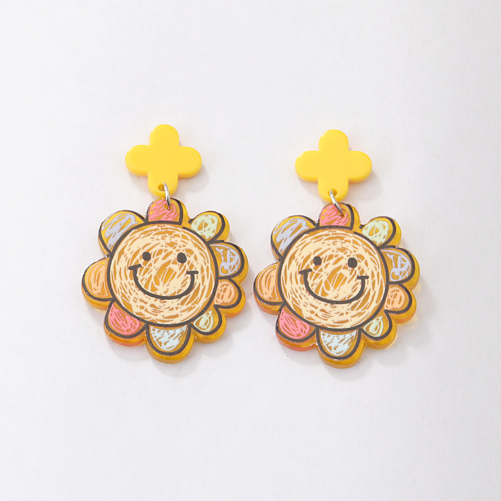 Fashion New Cute Printed Sun Smiley Face Contrast Color Flower Acrylic Earrings display picture 9