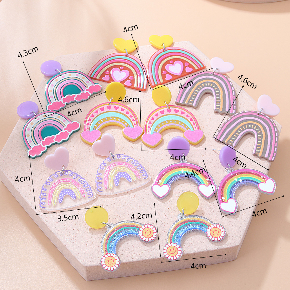 Fashion New Acrylic Cartoon Graffiti Heart Shaped Clouds Arch Rainbow Color-blocking Earrings display picture 2