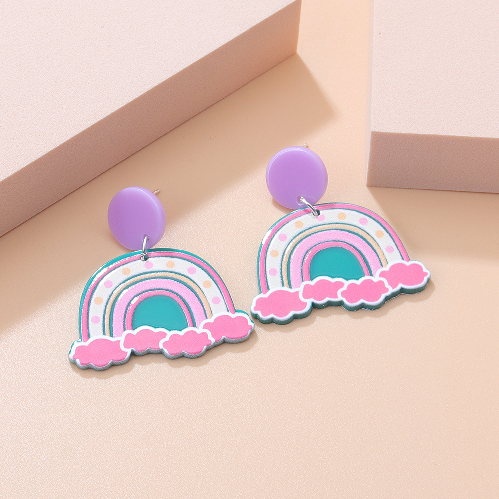 Fashion New Acrylic Cartoon Graffiti Heart Shaped Clouds Arch Rainbow Color-blocking Earrings display picture 3