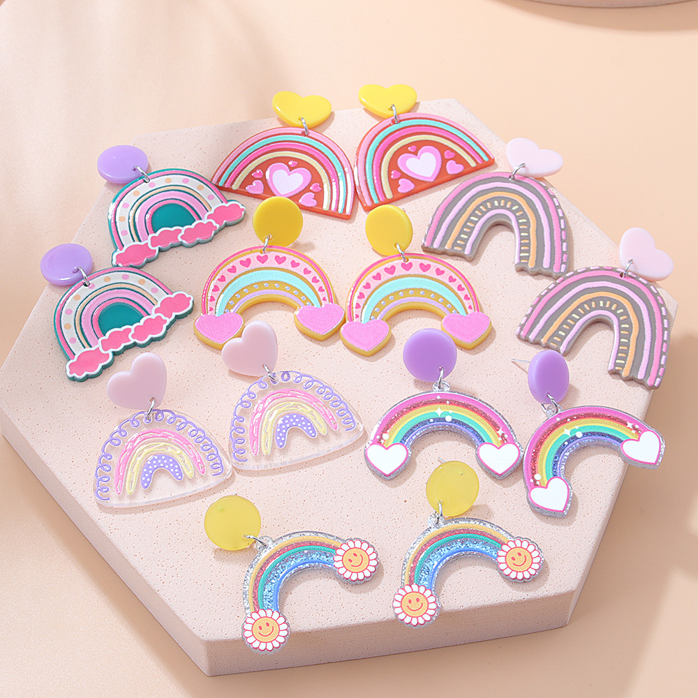 Fashion New Acrylic Cartoon Graffiti Heart Shaped Clouds Arch Rainbow Color-blocking Earrings display picture 4