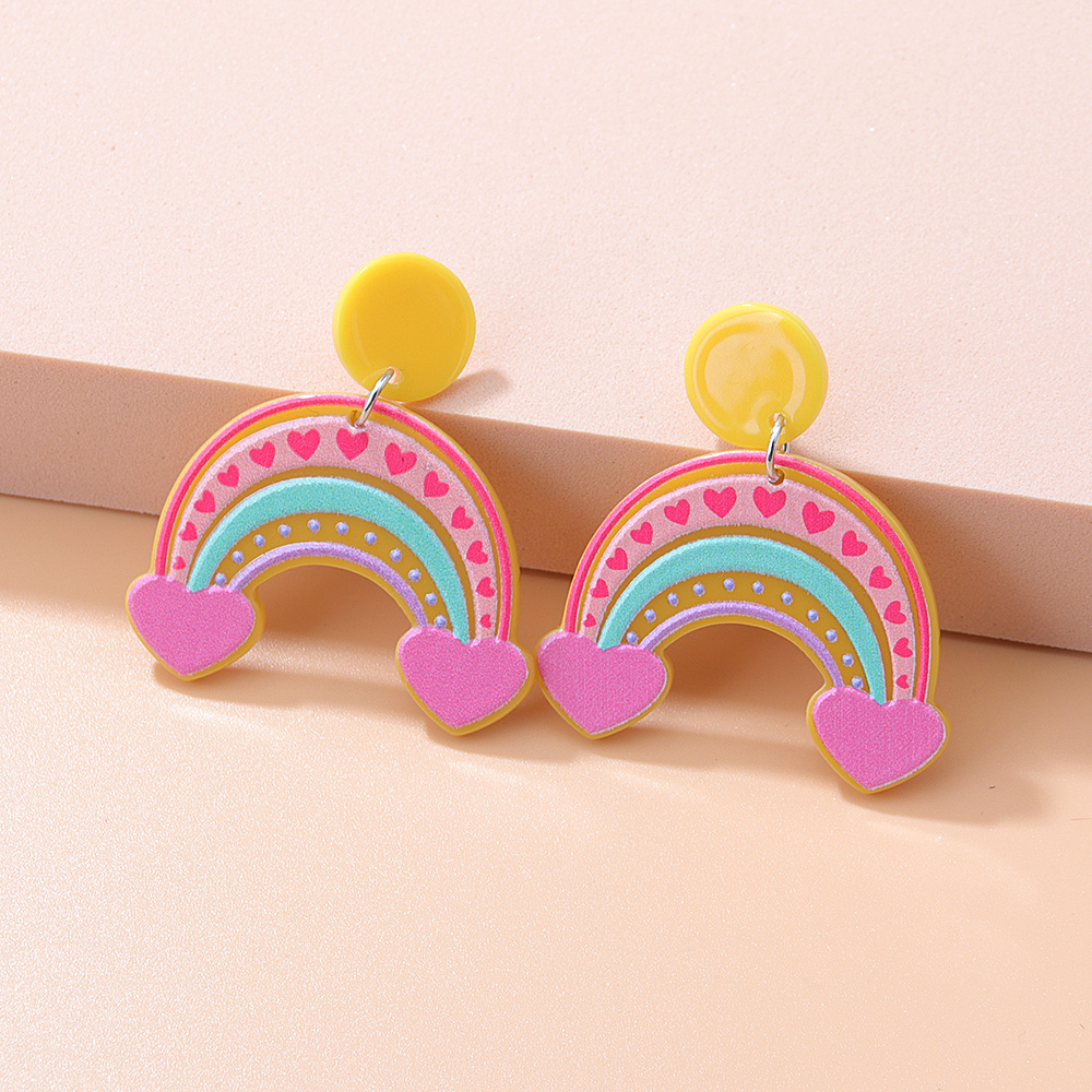 Fashion New Acrylic Cartoon Graffiti Heart Shaped Clouds Arch Rainbow Color-blocking Earrings display picture 9