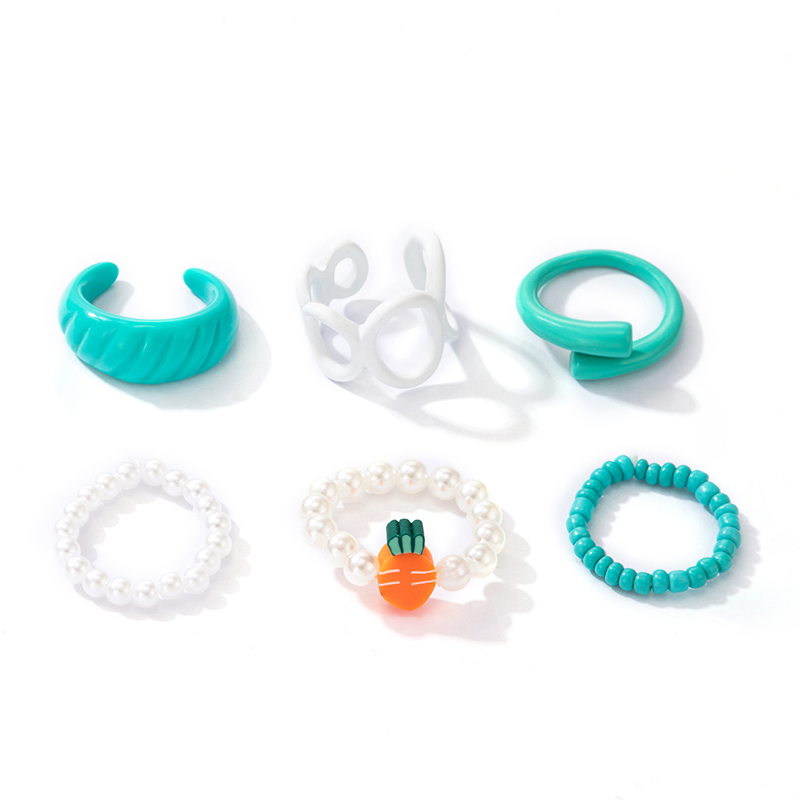 Fashion  Blue Green Spray Paint Six-piece Alloy  Imitation Pearl Beaded Ring Set display picture 5