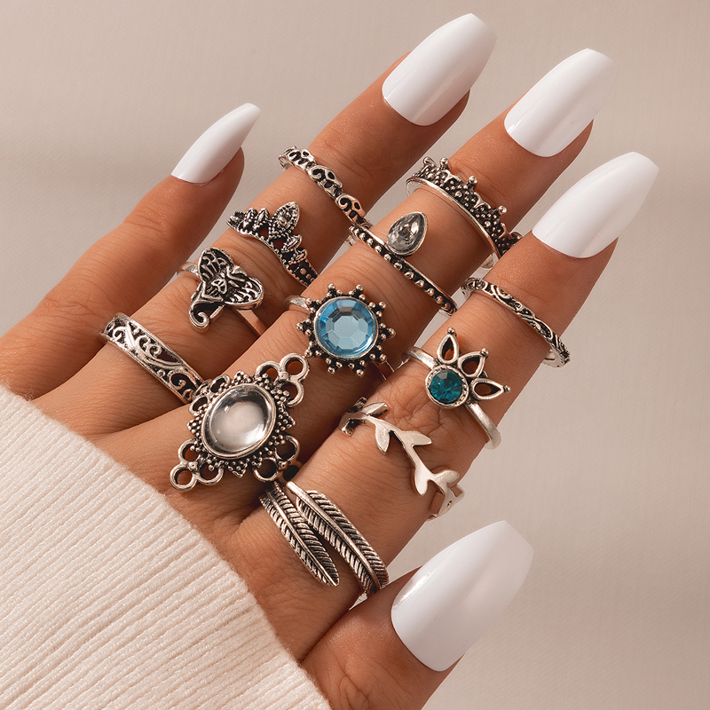 Ornament Fashion Sapphire Opal Leaves Elephant Water Drop Turquoise Alloy Ring Twelve-piece Set display picture 3