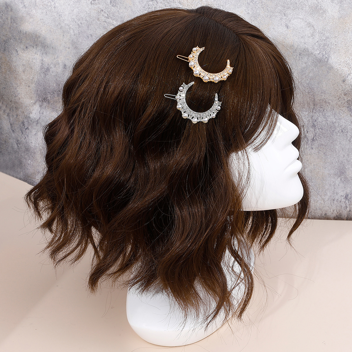 2022 Popular Online Influencer Fashion Rhinestone Side Hairpin Moon Pearl Hair Clip Hairpin Bangs Top Clip 2-piece Set display picture 3