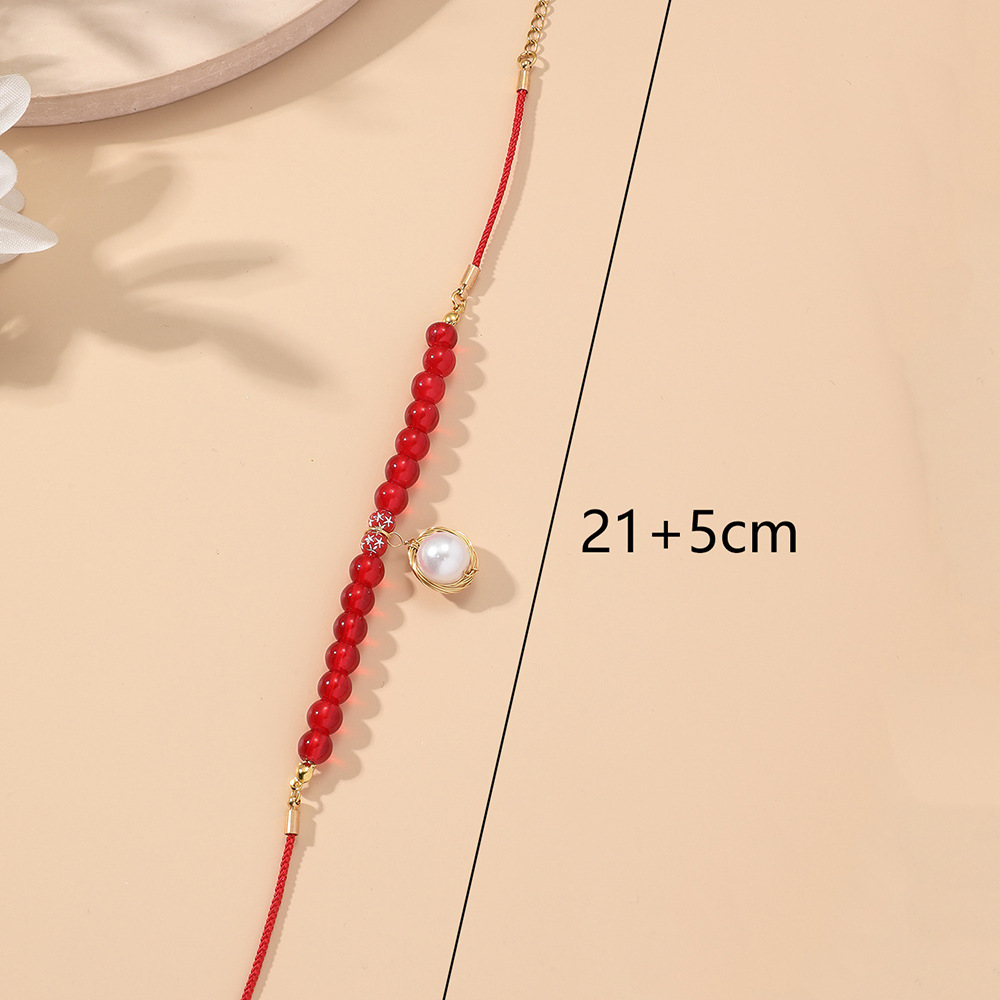 Simple Round Pearl Red Wrist Chain Female Rough Stone Couple Bracelet Wholesale display picture 1