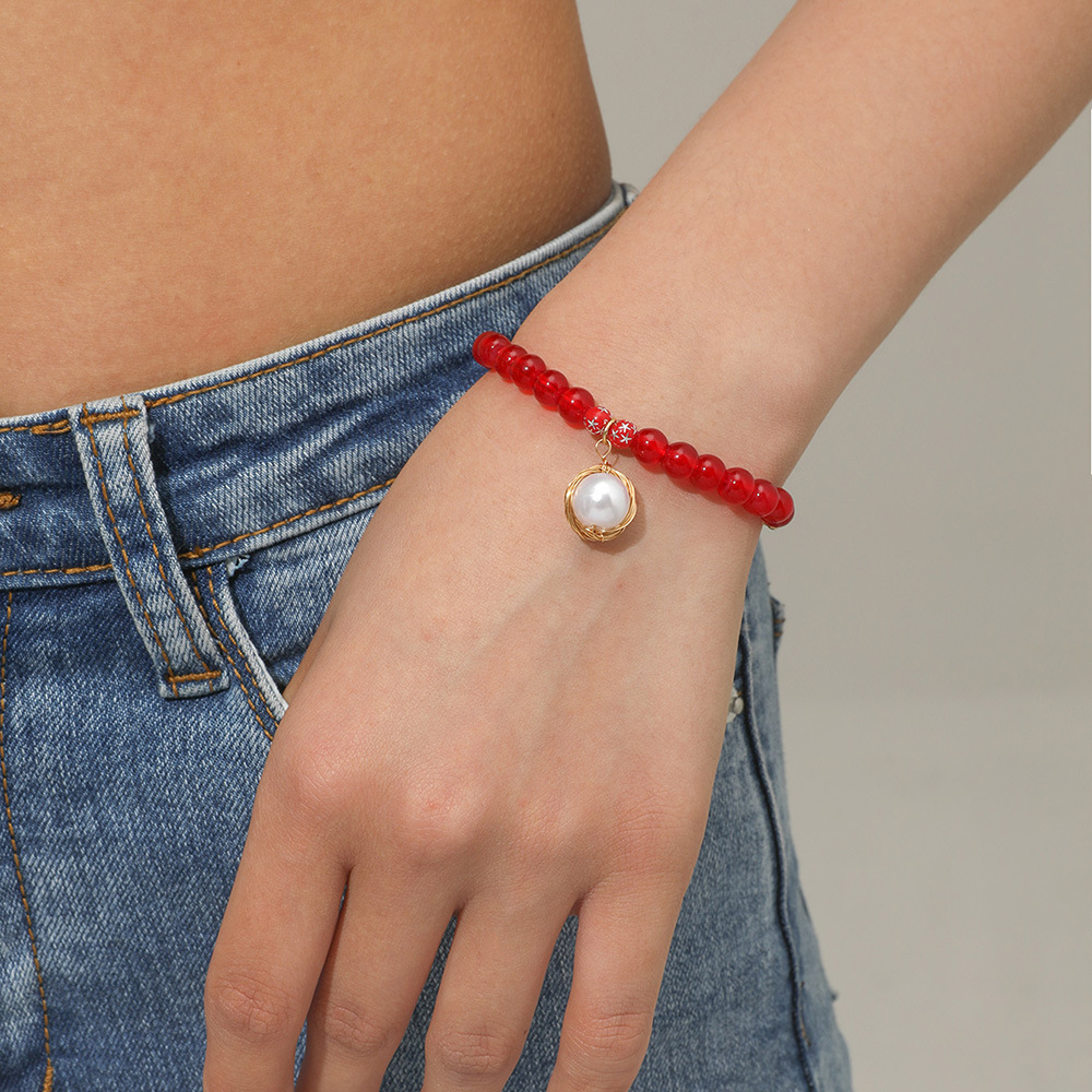 Simple Round Pearl Red Wrist Chain Female Rough Stone Couple Bracelet Wholesale display picture 3