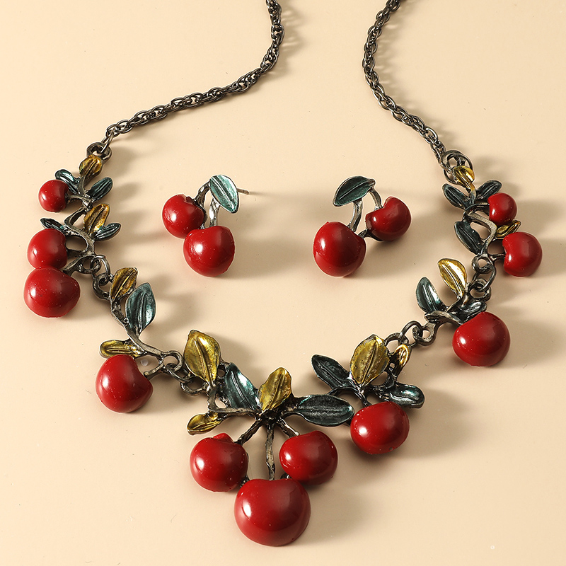 Cute Fruit Red Cherry Pendant Necklace Earrings Set display picture 2