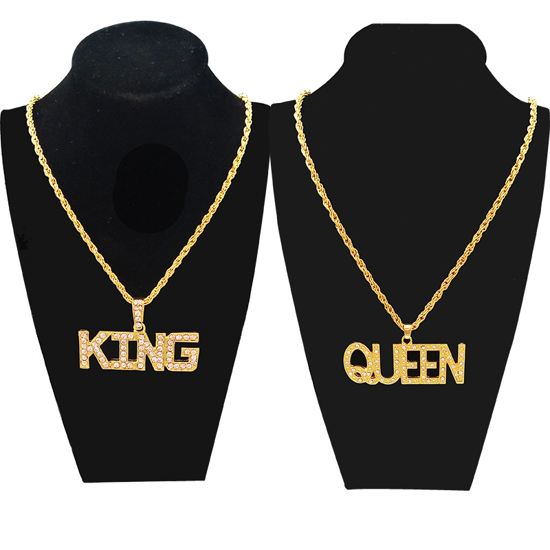 Collar De Diamantes De Imitación Con Incrustaciones Y Colgante De Letra Rey Reina Estilo Hip Hop De Moda display picture 1