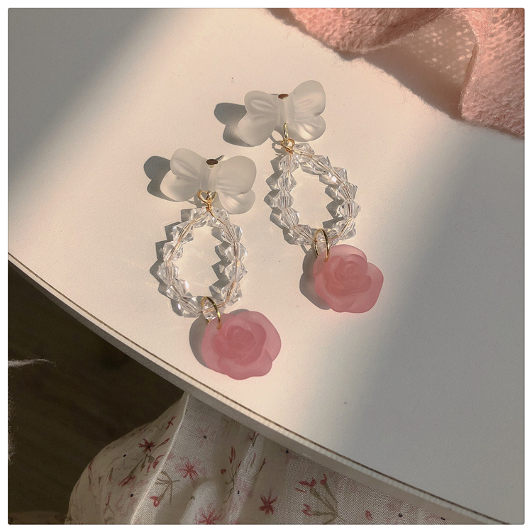 Fashion Pink Rose Transparent Sweet Bowknot Early Spring New Earrings display picture 2