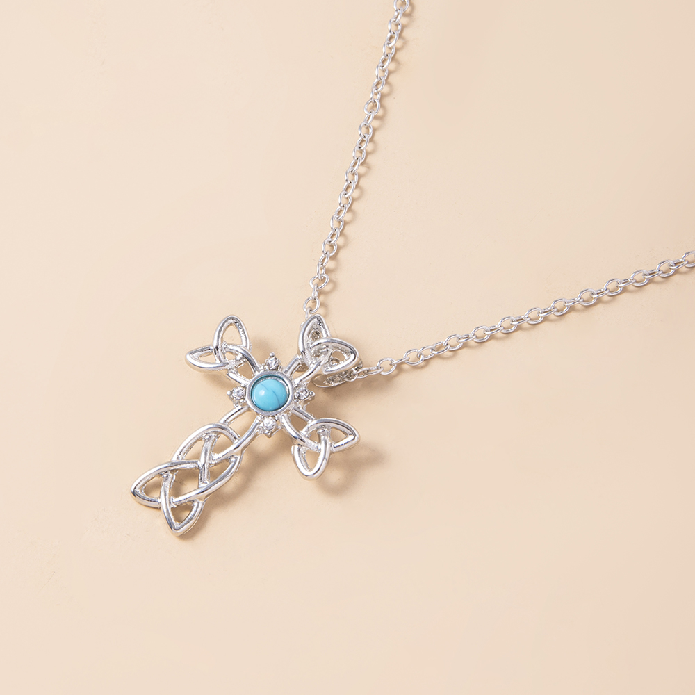 Fashion Hollow Cross Inlaid Turquoise Pendant Alloy Necklace display picture 1