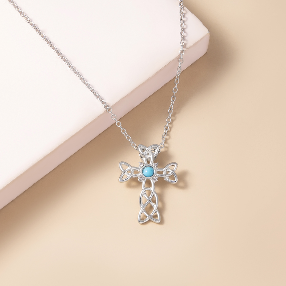 Fashion Hollow Cross Inlaid Turquoise Pendant Alloy Necklace display picture 2