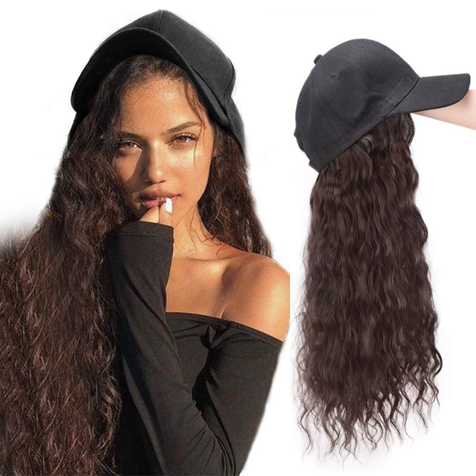 Fashion Long Wave Baseball Cap Natural Black Adjustable Synthetic Hat Wig display picture 3