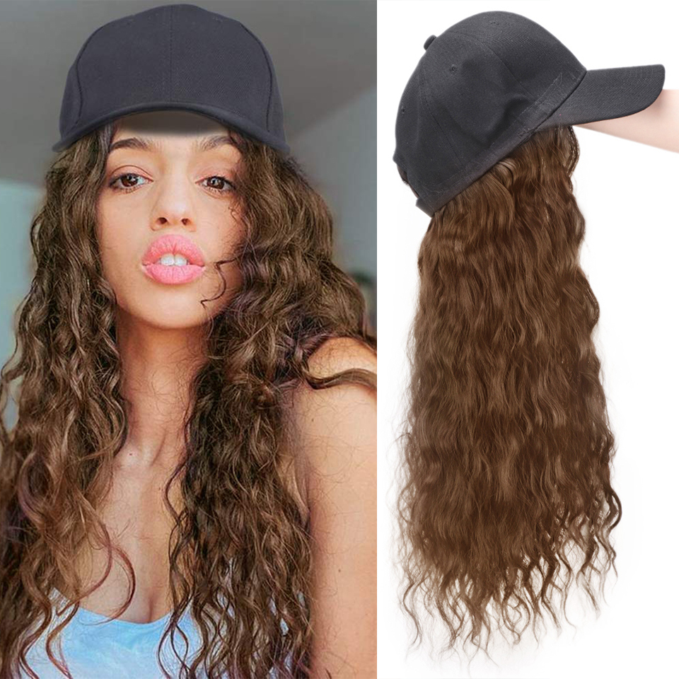 Fashion Long Wave Baseball Cap Natural Black Adjustable Synthetic Hat Wig display picture 4