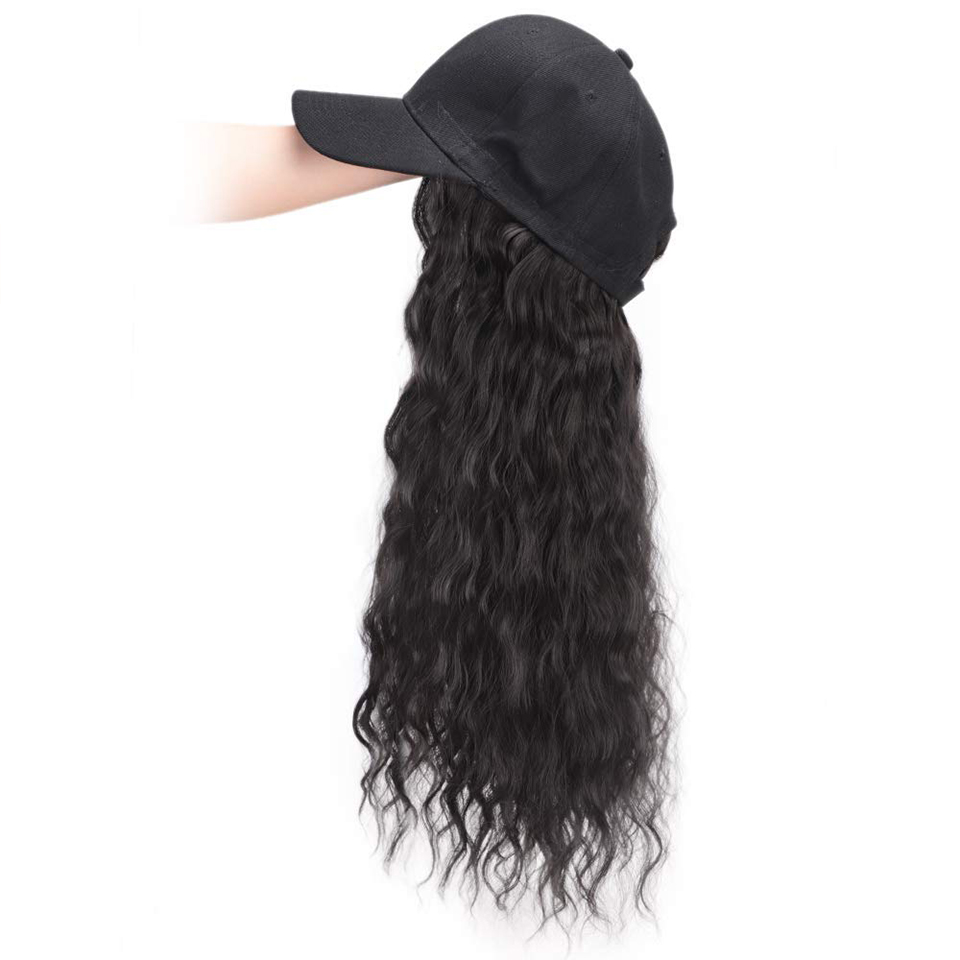 Fashion Long Wave Baseball Cap Natural Black Adjustable Synthetic Hat Wig display picture 5