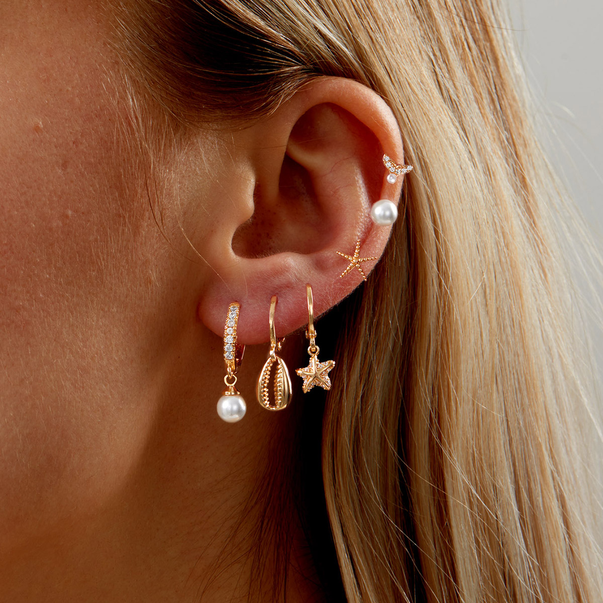 Fashion Simple Earrings Copper Plating 18k Gold Cute Starfish Shell Zircon Six-piece Earrings Set display picture 1