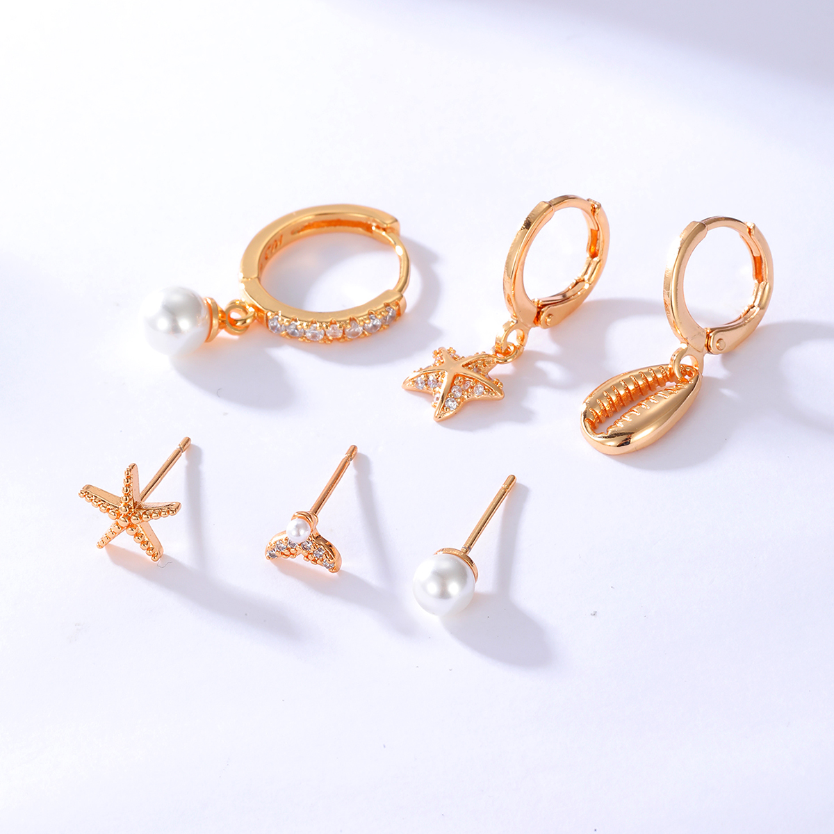 Fashion Simple Earrings Copper Plating 18k Gold Cute Starfish Shell Zircon Six-piece Earrings Set display picture 3