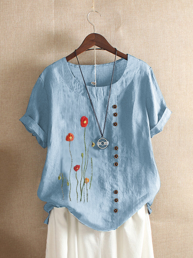 Spring Round Neck Short Sleeves Mid-length Blue Printed Long Pullover Shirt display picture 2