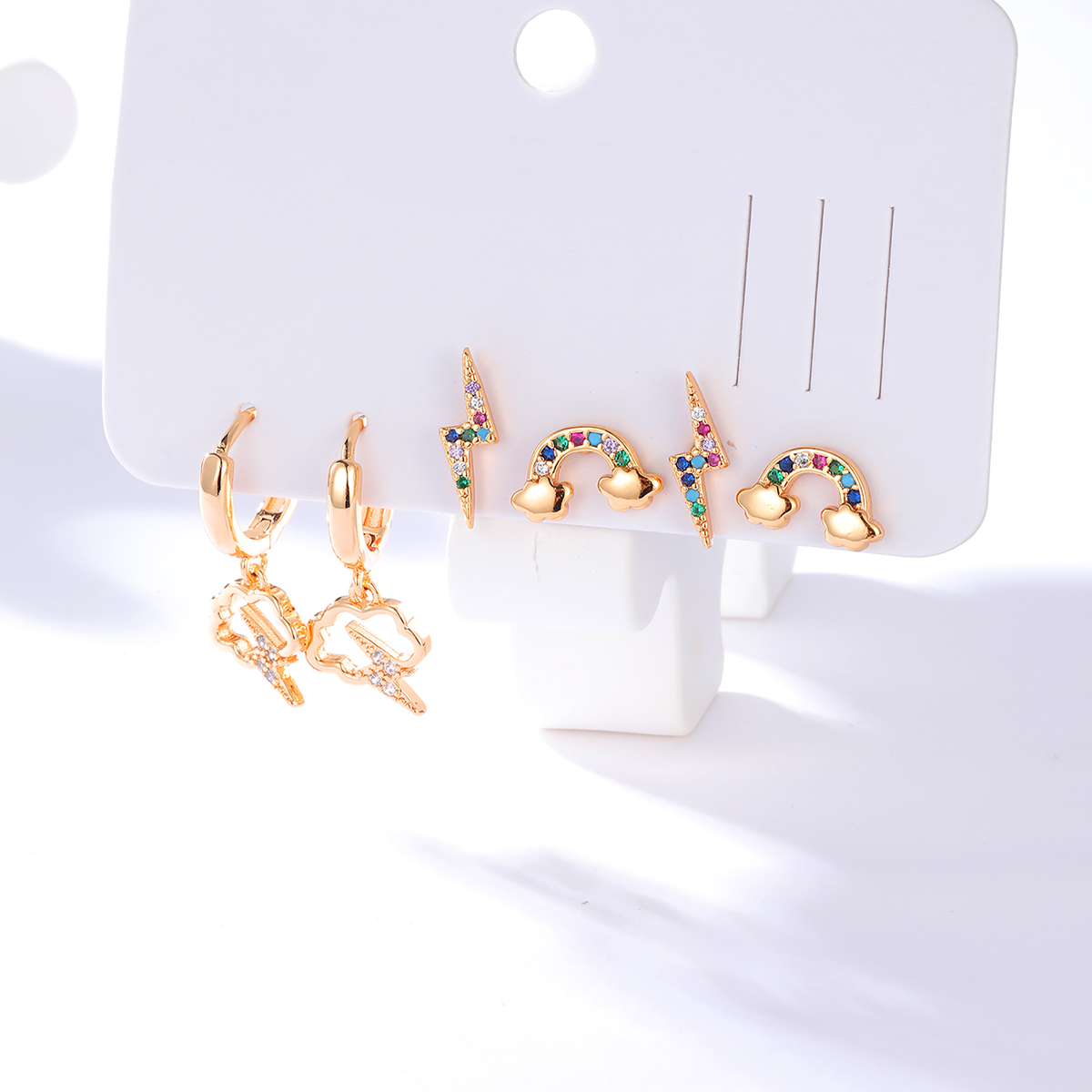 Creative Lightning Rainbow Cloud Copper 18k Gold Plated Inlaid Zircon Earrings Three-piece Set display picture 2