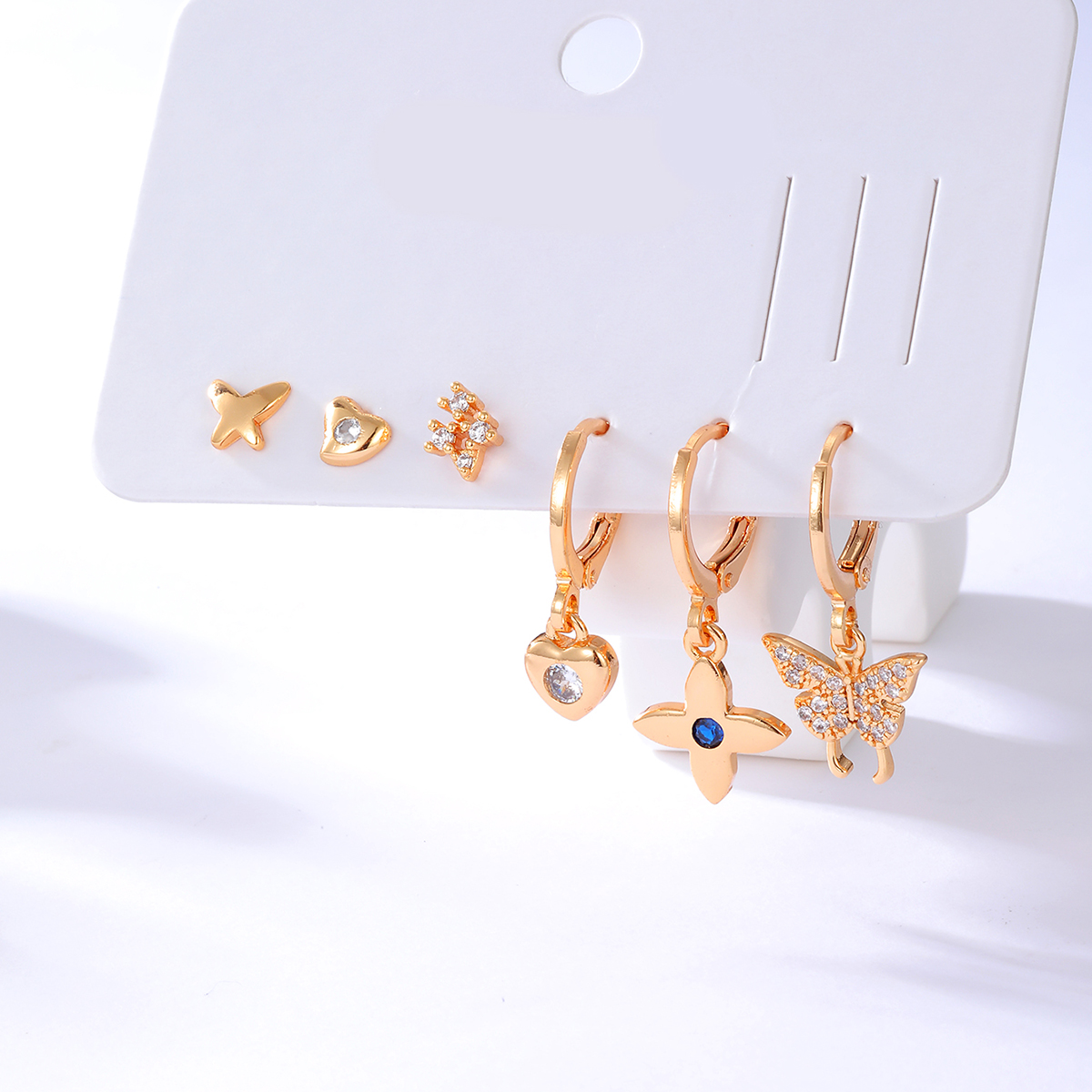 Einfache Kupfer 18k Gold Überzog Intarsien Zirkon Schmetterling Herz Blumen Ohrringe Sechs-stück Set display picture 2