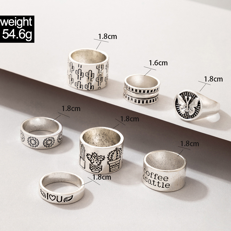 Hip Hop Letter Mushroom Cactus Heart-shaped Ring Five-piece Set display picture 3