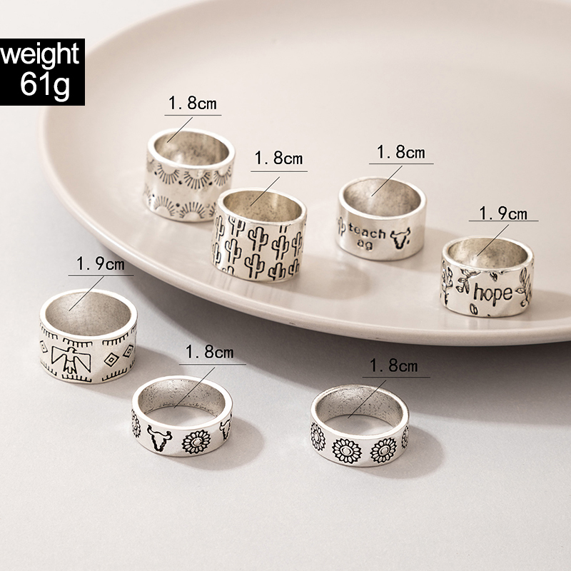 Hip Hop Letter Mushroom Cactus Heart-shaped Ring Five-piece Set display picture 5