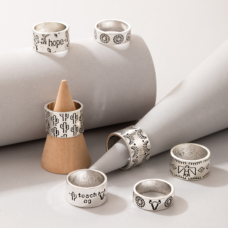 Hip Hop Letter Mushroom Cactus Heart-shaped Ring Five-piece Set display picture 6