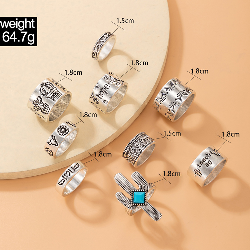 Hip Hop Letter Mushroom Cactus Heart-shaped Ring Five-piece Set display picture 7