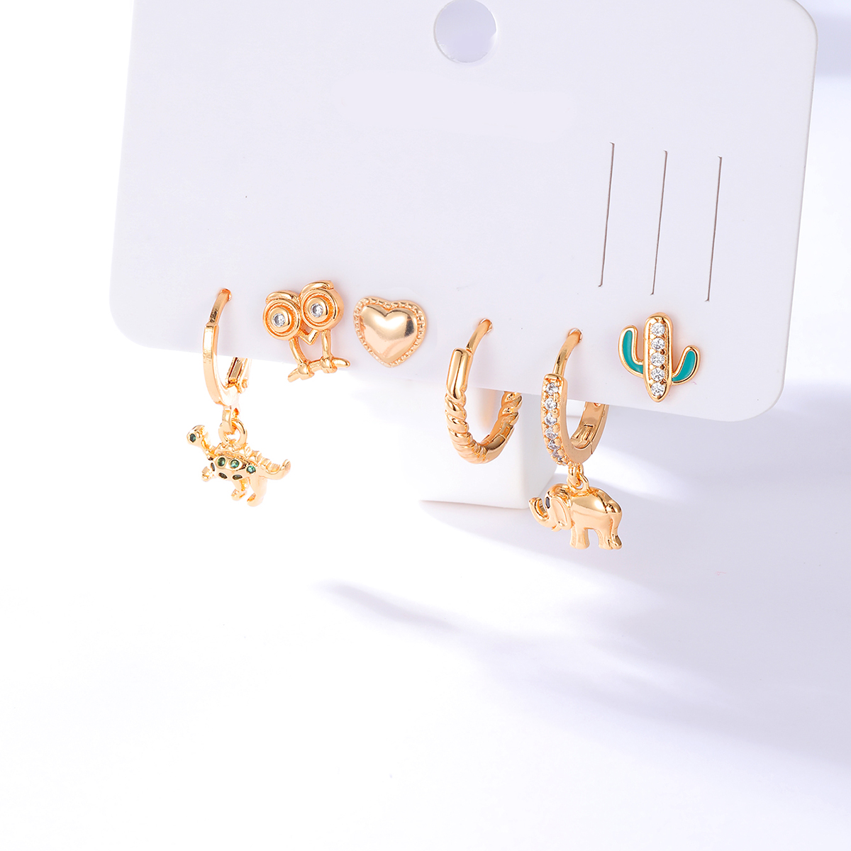 Fashion Creative Copper 18k Gold Plated Inlaid Zircon Elephant Dinosaur Cactus Heart Earrings Six-piece Set display picture 2
